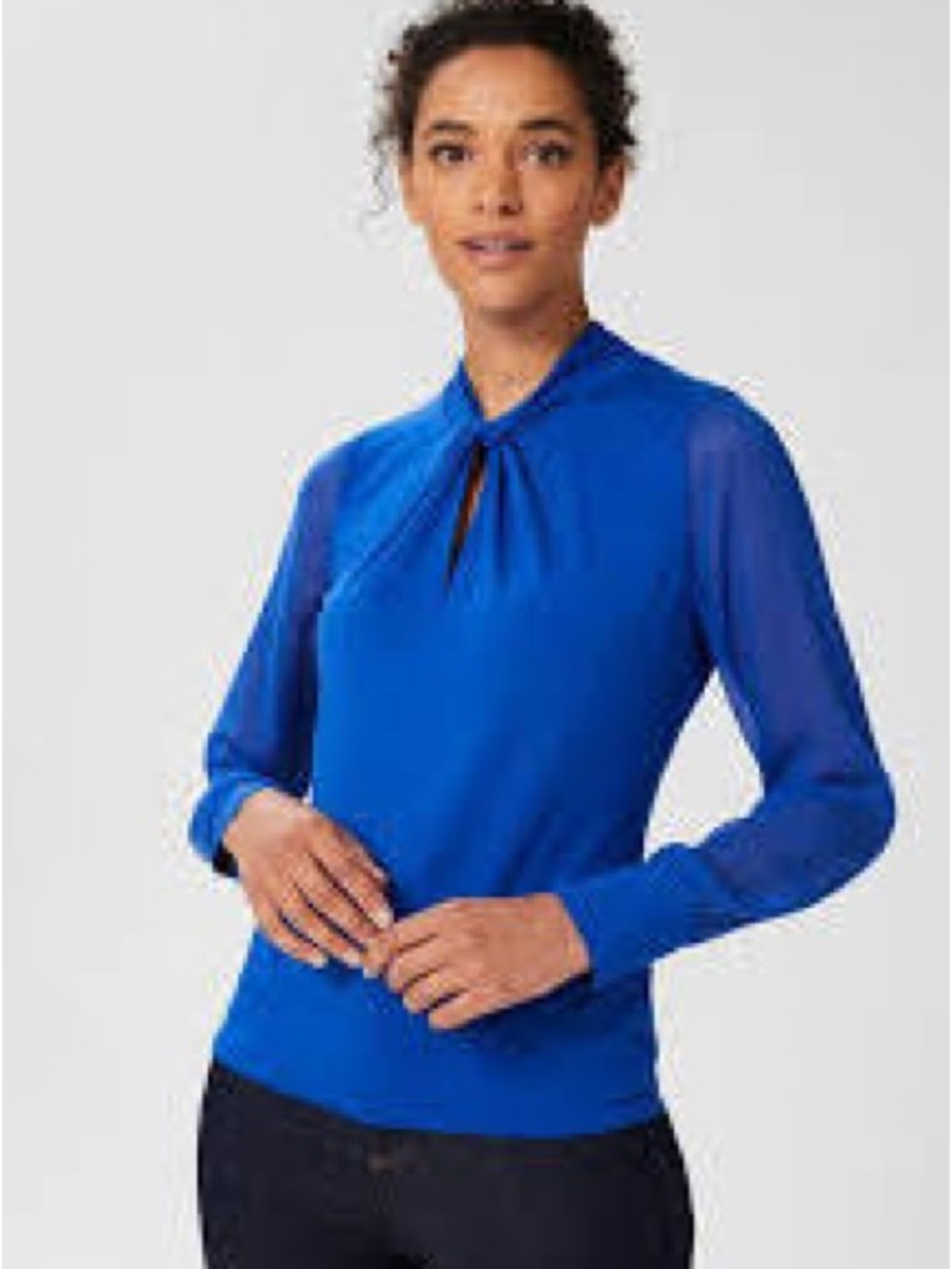 Hobbs London Ashley Top Size Medium Cobalt Blue Twist Neck Sheer Sleeve Blouse